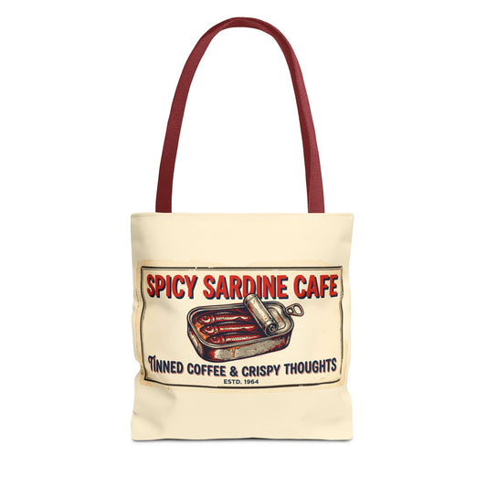 Spicy Sardine Cafe Tote Bag — Vintage Tinned Coffee & Crispy Thoughts Canvas Tote