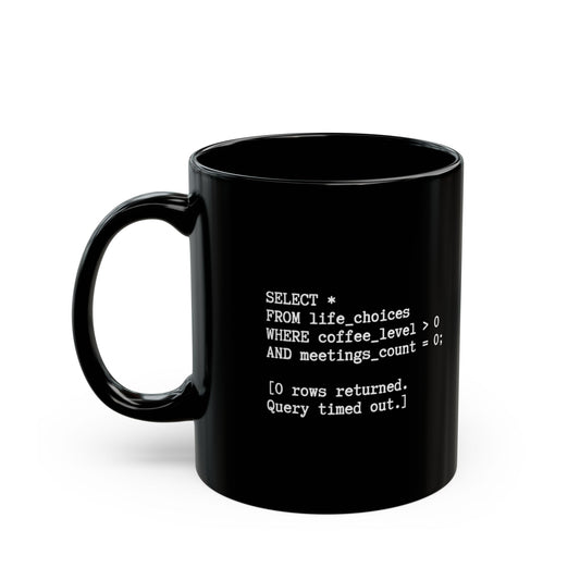 Programmer Humor Black Mug — 'No Valid Choices' Code Print Coffee Cup (11oz/15oz)